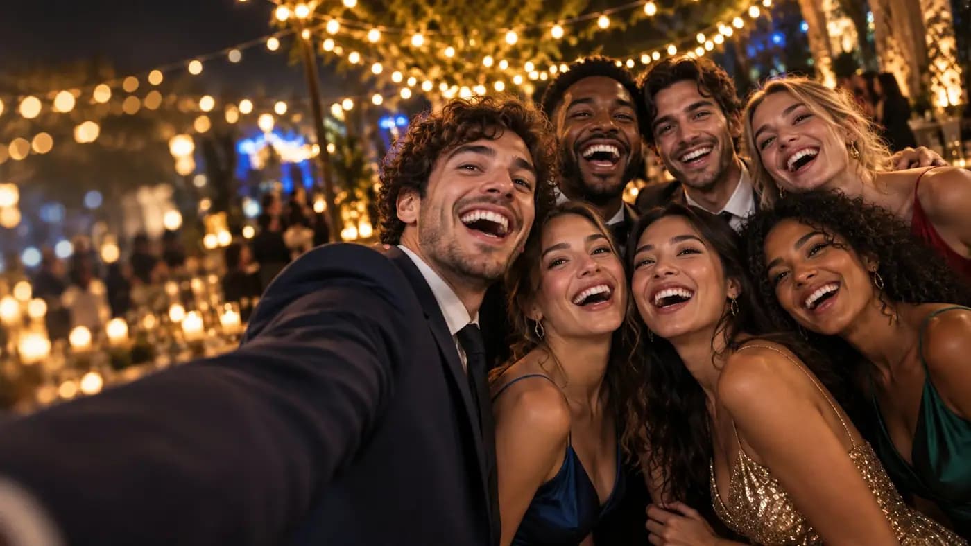Groupe d'amis prenant un selfie en soirée